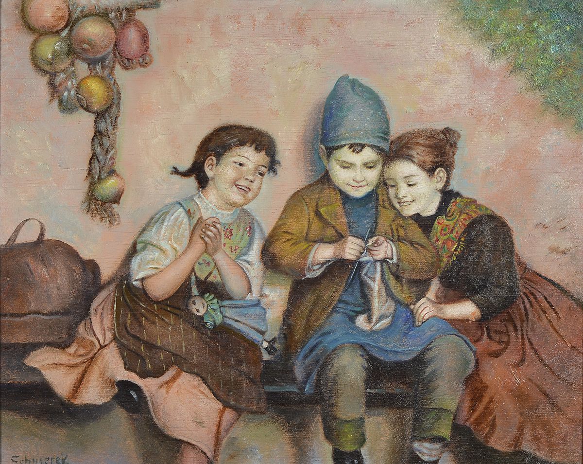 Schmerek o.ä., Maler um 1910-20, zwei Mädchen lachen einen Jungen aus, der zu stricken versucht, Öl/Holz, links unten signiert, Kindermotiv in der ...