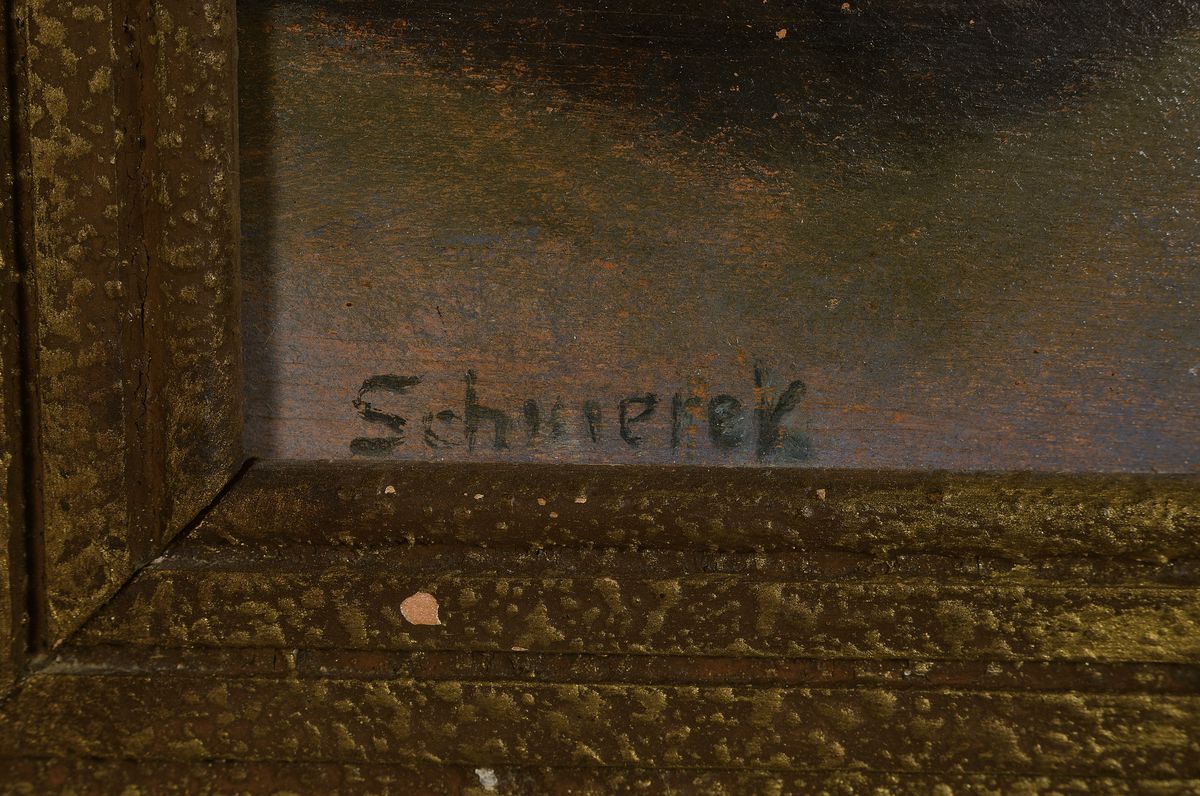 Detail a: Schmerek o.ä., Maler um 1910-20, zwei Mädchen lachen einen Jungen aus, der zu stricken versucht, Öl/Holz, links unten signiert, Kindermotiv in der ...