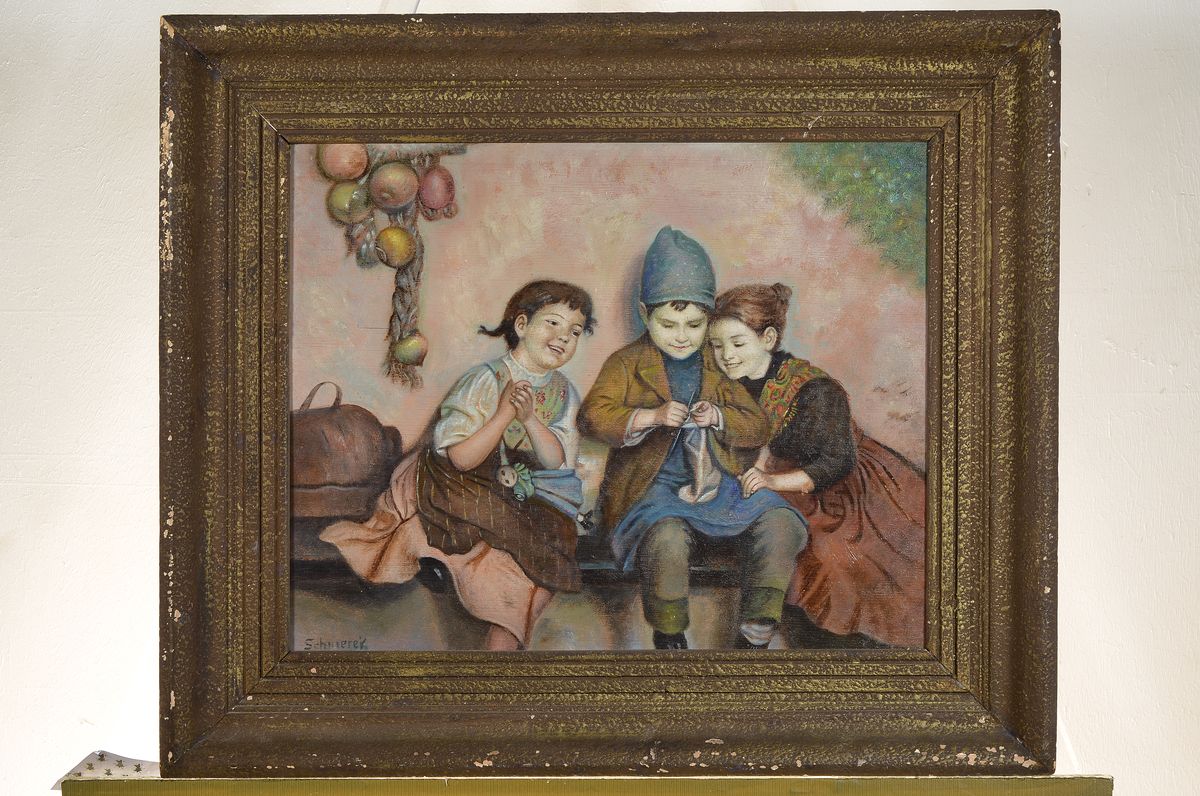 Detail k: Schmerek o.ä., Maler um 1910-20, zwei Mädchen lachen einen Jungen aus, der zu stricken versucht, Öl/Holz, links unten signiert, Kindermotiv in der ...