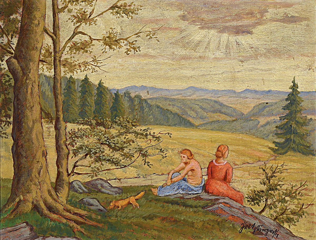 Fritz Siegrist, 1888 Karlsruhe-1963, Frauen blicken über das Tal, Öl/Malplatte, rechts unten signiert, ca. 33x43cm, R. ca. 52x62cm