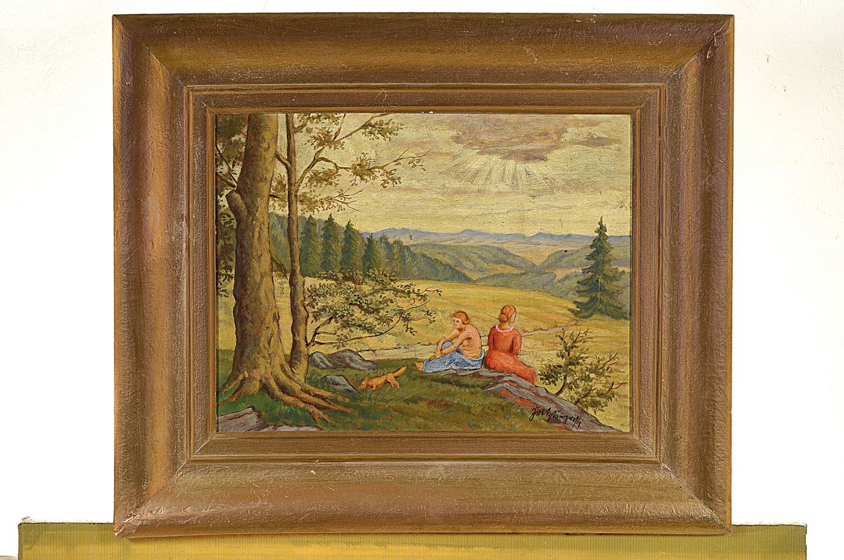 Detail k: Fritz Siegrist, 1888 Karlsruhe-1963, Frauen blicken über das Tal, Öl/Malplatte, rechts unten signiert, ca. 33x43cm, R. ca. 52x62cm