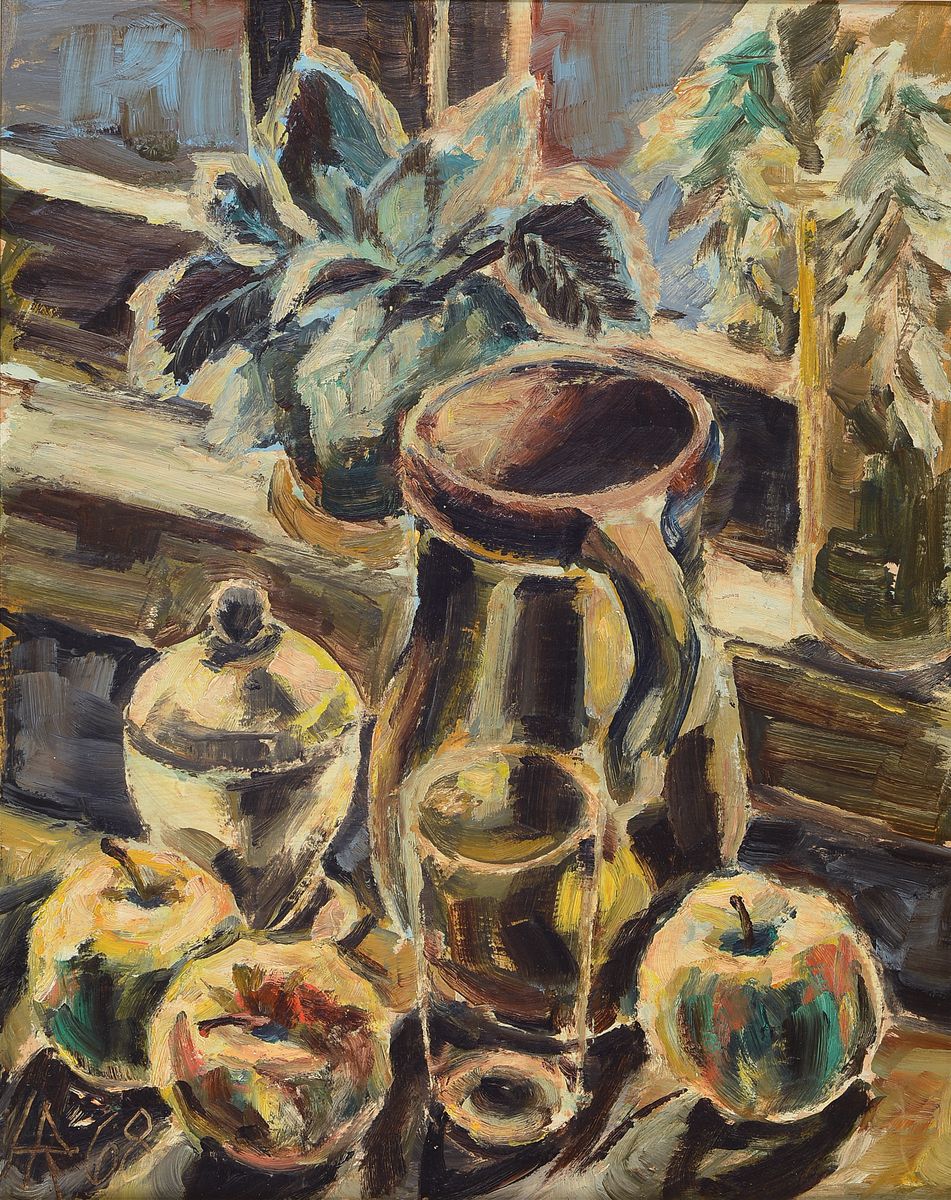 Heinz Reiss, 1923-2012 Haßloch, Schüler von Philipp Steinmetz, Mitglied der Künstlergruppe worbs, hier: Stillleben mit Krug, Glas und Äpfeln vor ...