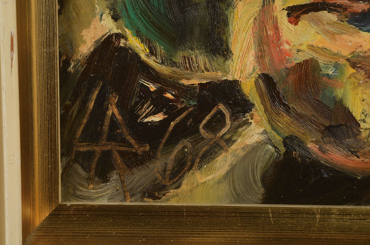 Detail a: Heinz Reiss, 1923-2012 Haßloch, Schüler von Philipp Steinmetz, Mitglied der Künstlergruppe worbs, hier: Stillleben mit Krug, Glas und Äpfeln vor ...