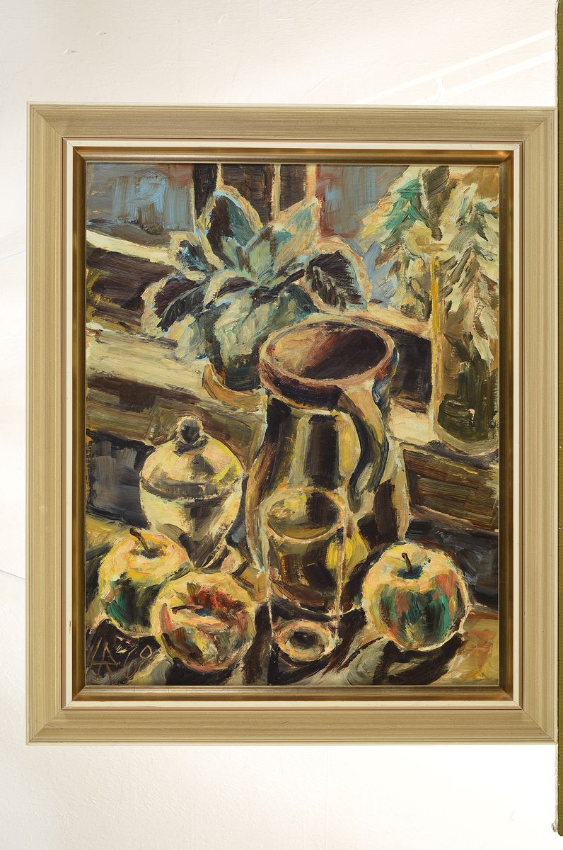 Detail k: Heinz Reiss, 1923-2012 Haßloch, Schüler von Philipp Steinmetz, Mitglied der Künstlergruppe worbs, hier: Stillleben mit Krug, Glas und Äpfeln vor ...
