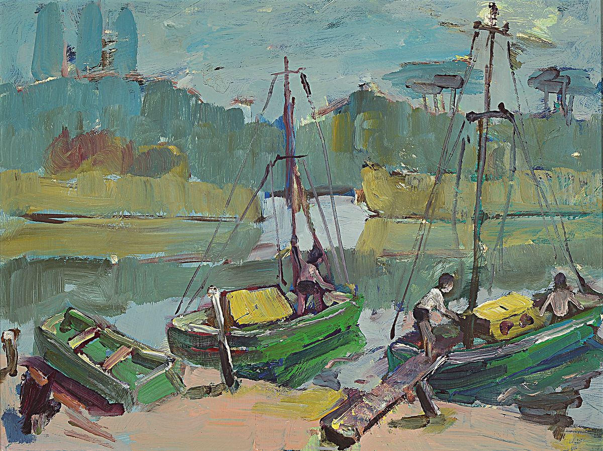 Heinz Reiss, 1923-2012 Haßloch, Schüler von Philipp Steinmetz, Mitglied der Künstlergruppe worbs, hier: Am Altrhein, Öl/Malkarton, rückseitig ...