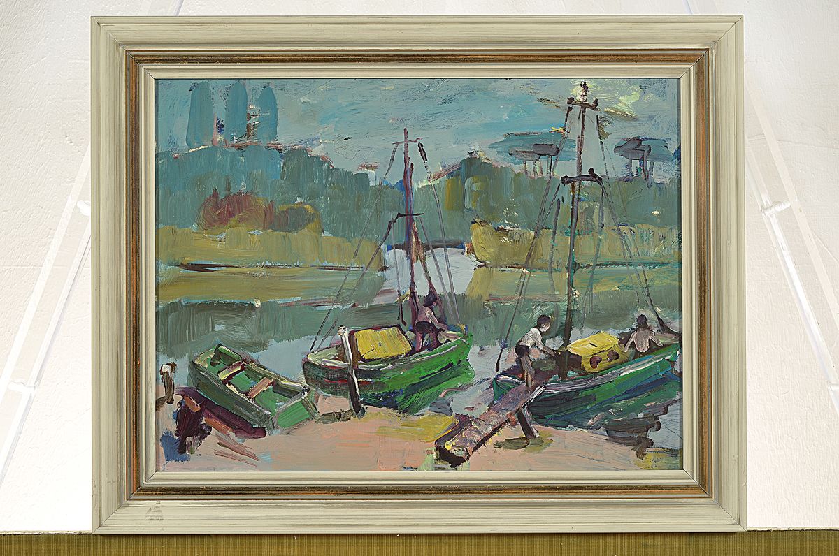 Detail k: Heinz Reiss, 1923-2012 Haßloch, Schüler von Philipp Steinmetz, Mitglied der Künstlergruppe worbs, hier: Am Altrhein, Öl/Malkarton, rückseitig ...