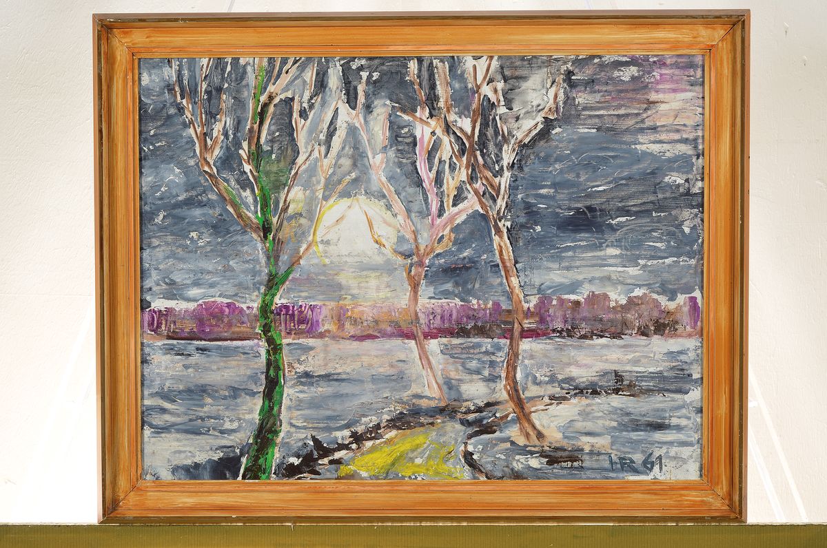 Detail k: Heinz Reiss, 1923-2012 Haßloch, Schüler von Philipp Steinmetz, Mitglied der Künstlergruppe worbs, hier: Winterlandschaft, Öl/Hartfaser, monogr. ...