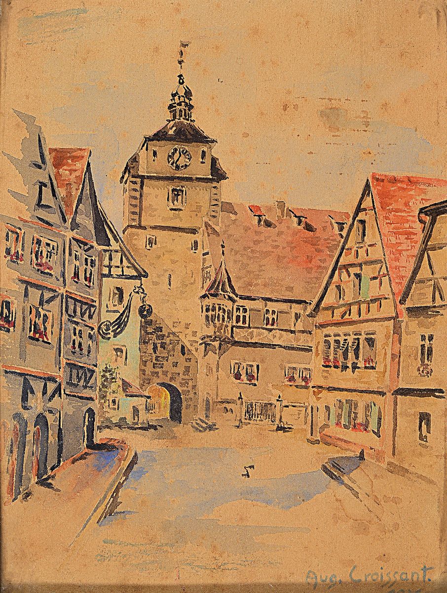 August Croissant, 1870 Landau-1941 Edenkoben, Fachwerkhäuser und Kirche, wohl Rothenburg ob der Tauber, Aquarell auf Papier,rechts unten signiert, ...