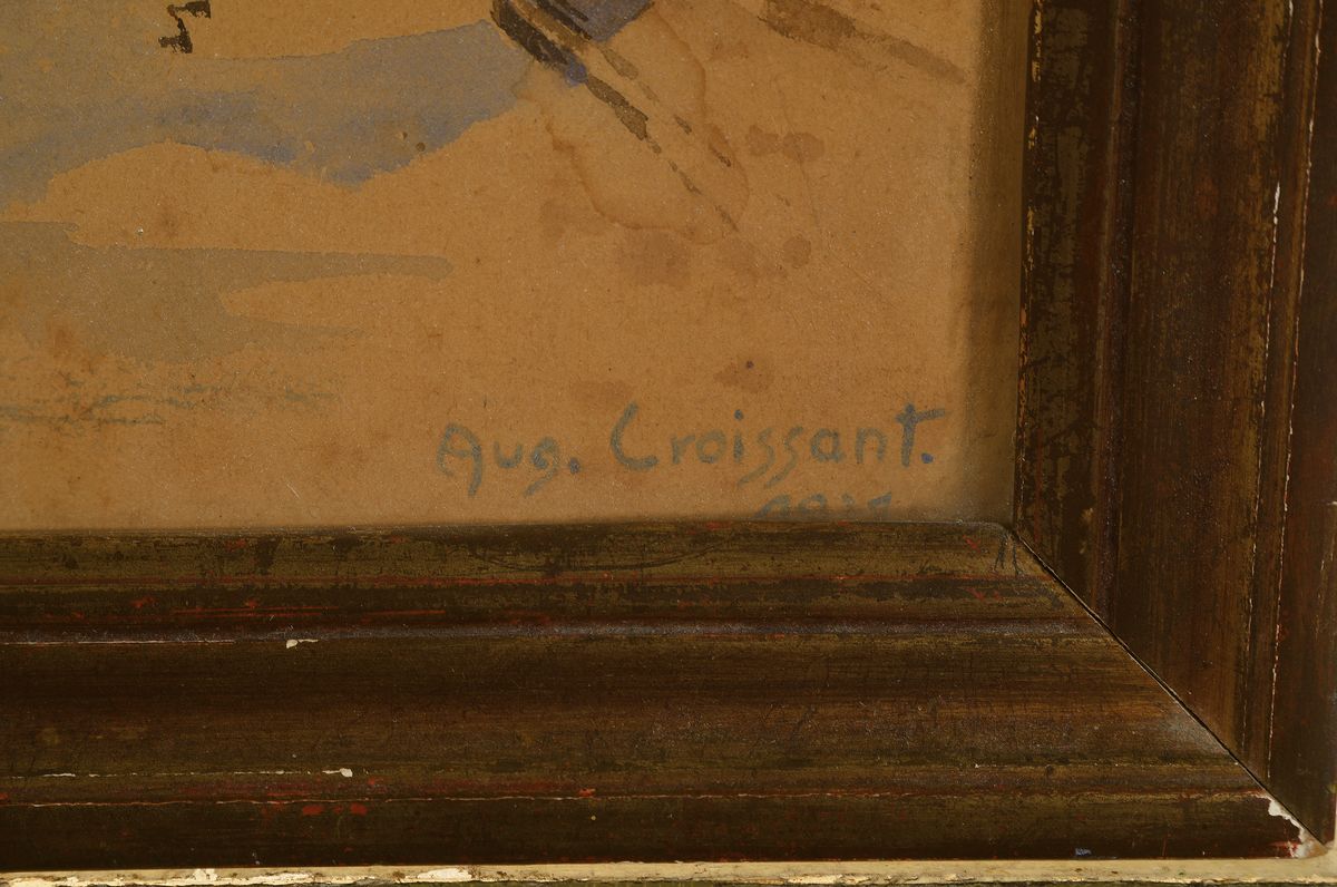 Detail a: August Croissant, 1870 Landau-1941 Edenkoben, Fachwerkhäuser und Kirche, wohl Rothenburg ob der Tauber, Aquarell auf Papier,rechts unten signiert, ...