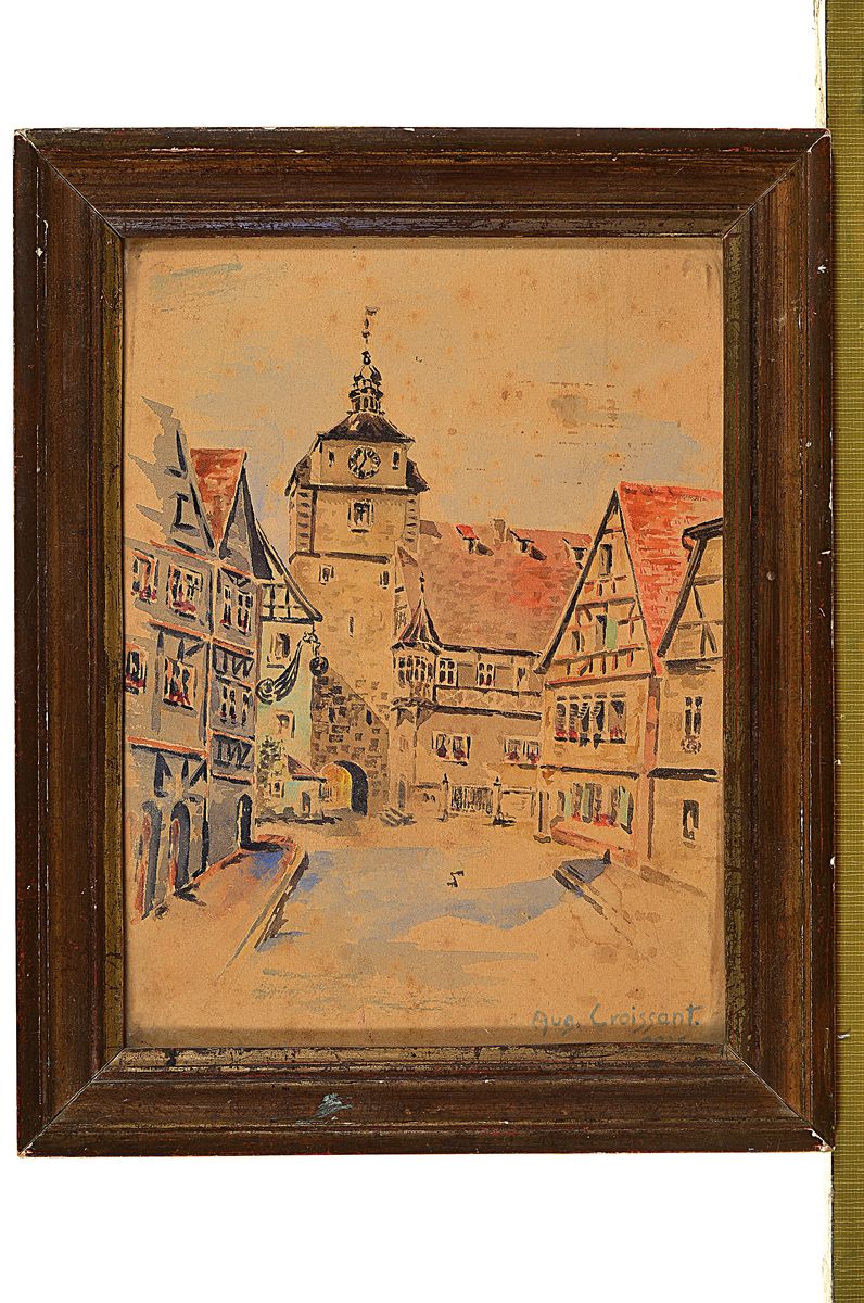 Detail k: August Croissant, 1870 Landau-1941 Edenkoben, Fachwerkhäuser und Kirche, wohl Rothenburg ob der Tauber, Aquarell auf Papier,rechts unten signiert, ...