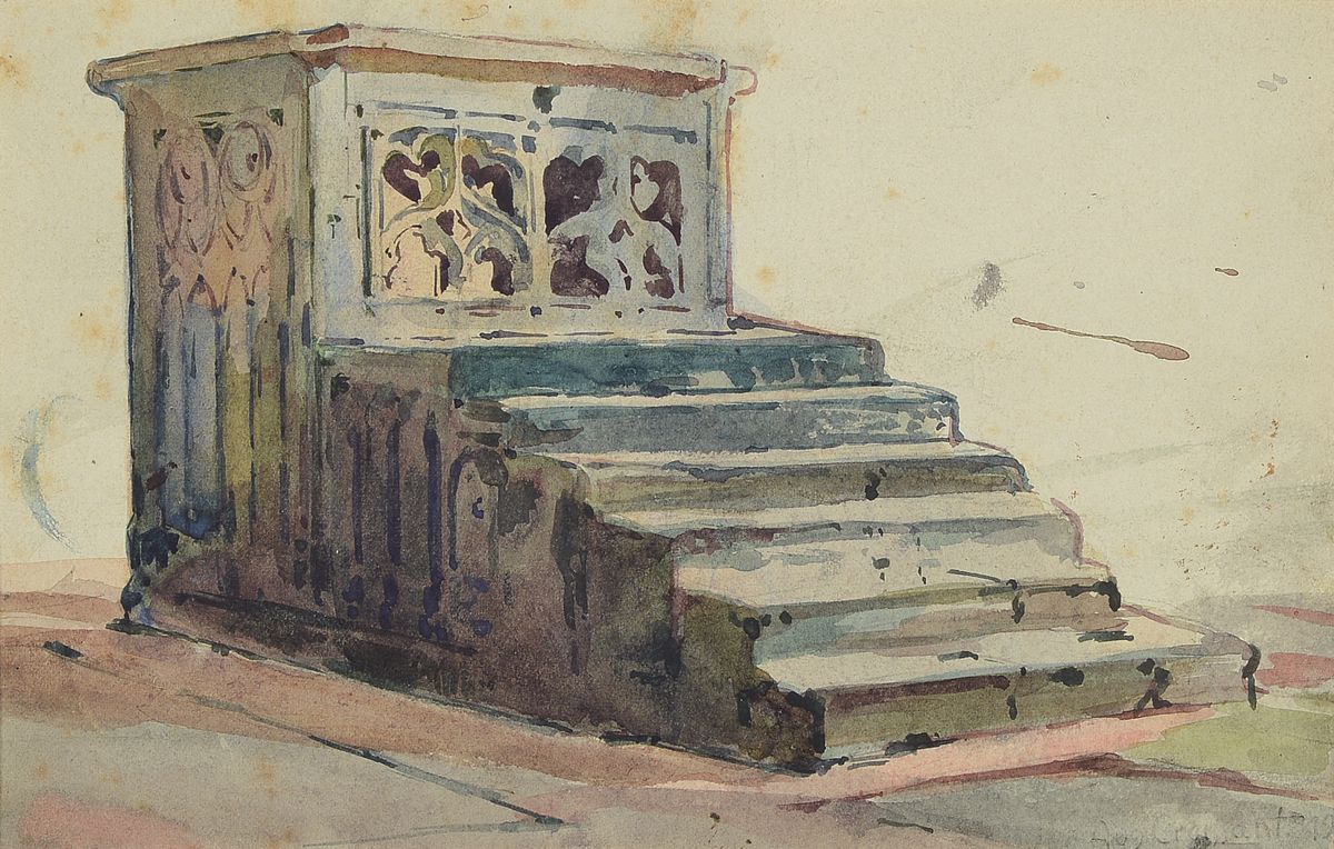August Croissant, 1870 Landau-1941 Edenkoben, Steintreppe mit gotischem Dekor, Aquarell auf Papier, rechts unten signiert, ca. 12x19cm, PP, u.Gl., R. ...