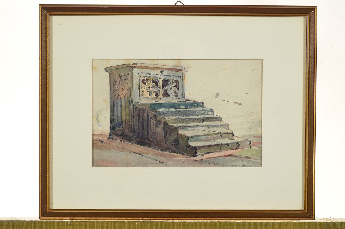 Detail k: August Croissant, 1870 Landau-1941 Edenkoben, Steintreppe mit gotischem Dekor, Aquarell auf Papier, rechts unten signiert, ca. 12x19cm, PP, u.Gl., R. ...