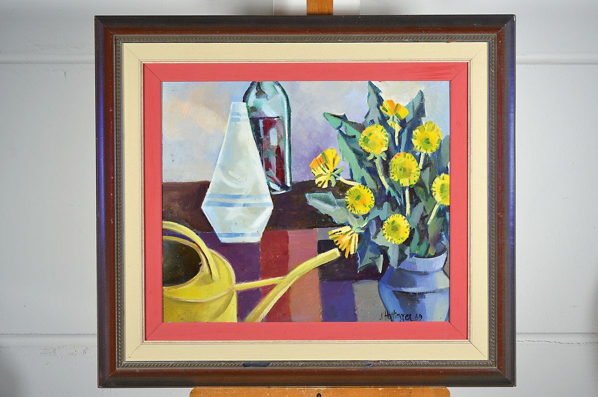 Detail k: Jakob Max Hottinger, geb. 1917 Schaffhausen,Stillleben mit Blumen und Gießkanne, Öl/ Malkarton, rechts unten signiert und dat. 1969, ca. ...