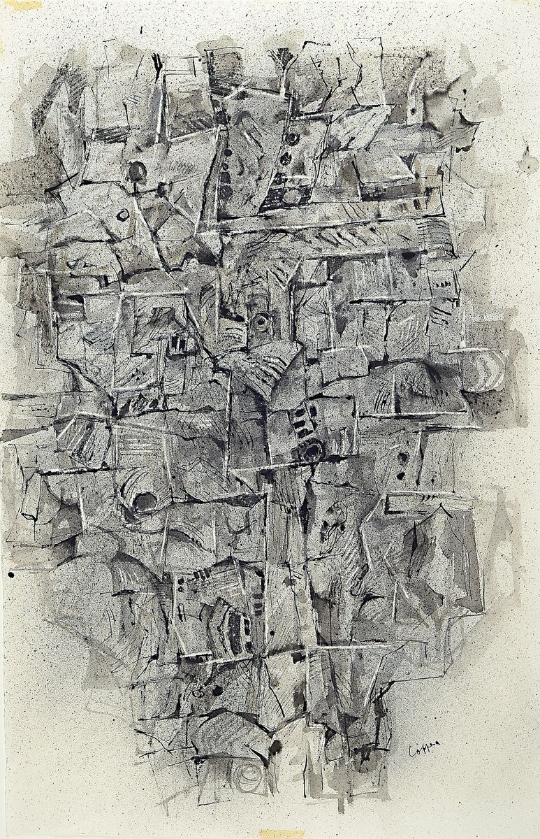 Paul Löffler, 1938-1995 Mannheim, Abstrakte Komposition, Tusche und Aquarell auf Papier, rechts unten signiert, durch drückende Klebeflecke links ...