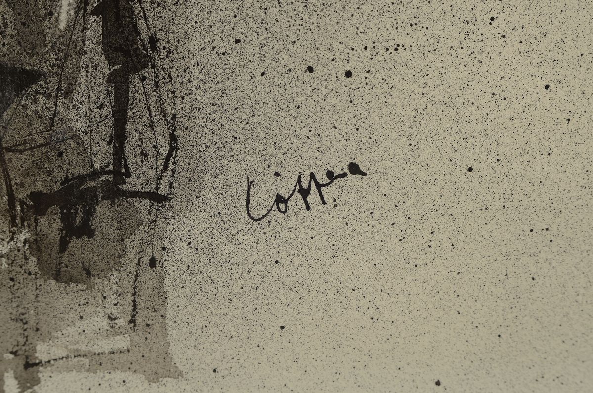 Detail a: Paul Löffler, 1938-1995 Mannheim, Abstrakte Komposition, Tusche und Aquarell auf Papier, rechts unten signiert, durch drückende Klebeflecke links ...