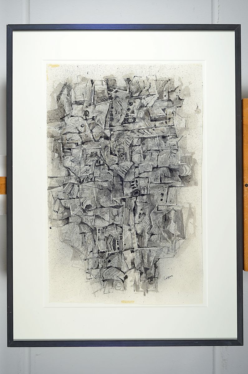 Detail k: Paul Löffler, 1938-1995 Mannheim, Abstrakte Komposition, Tusche und Aquarell auf Papier, rechts unten signiert, durch drückende Klebeflecke links ...
