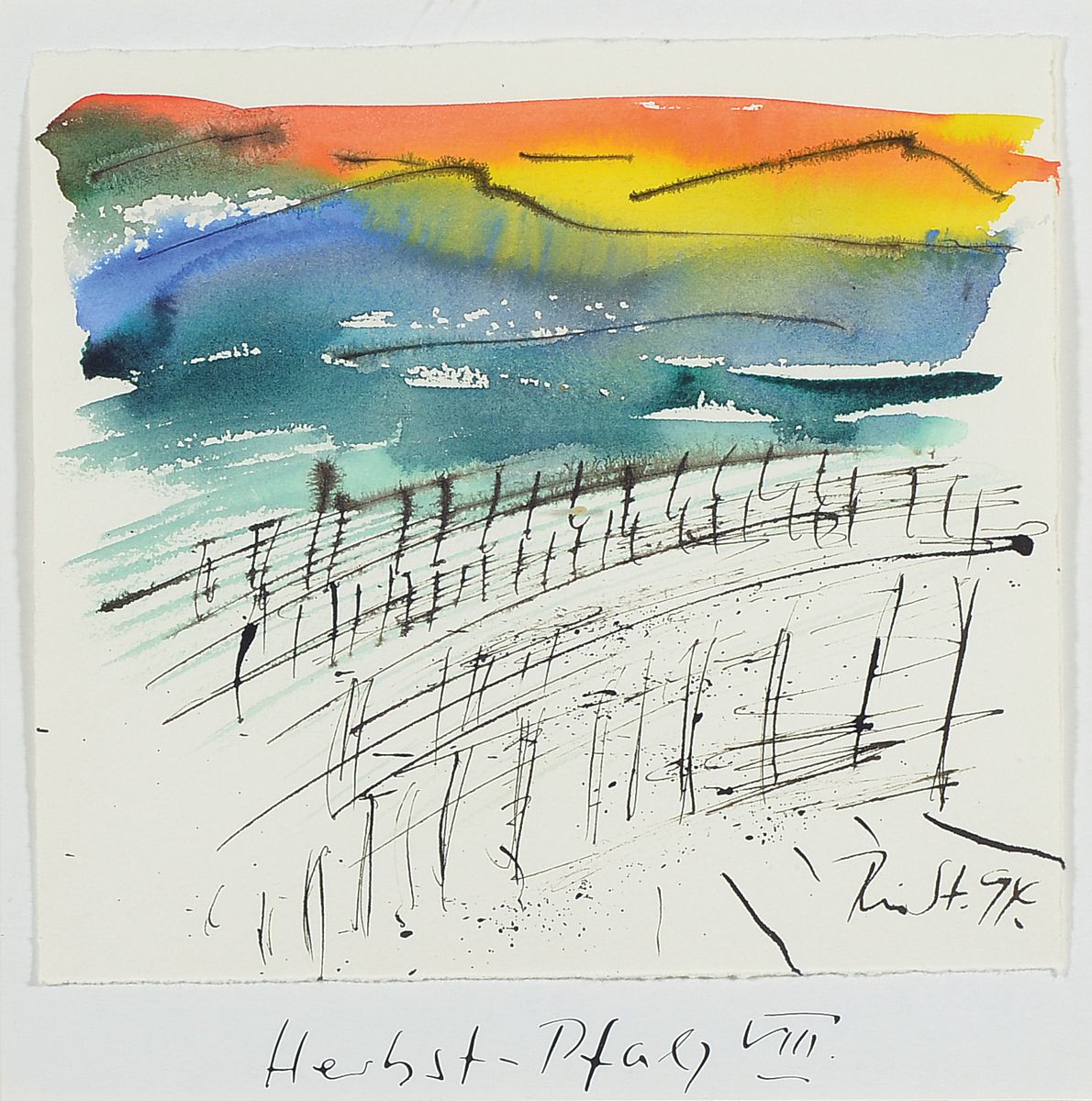 Franz Werner Müller-Steinfurth, 1952-2017, zeitgenössischer Künstler in Speyer, hier: Herbst-Pfalz VIII, Tusche und Aquarell auf Papier, sign., ...