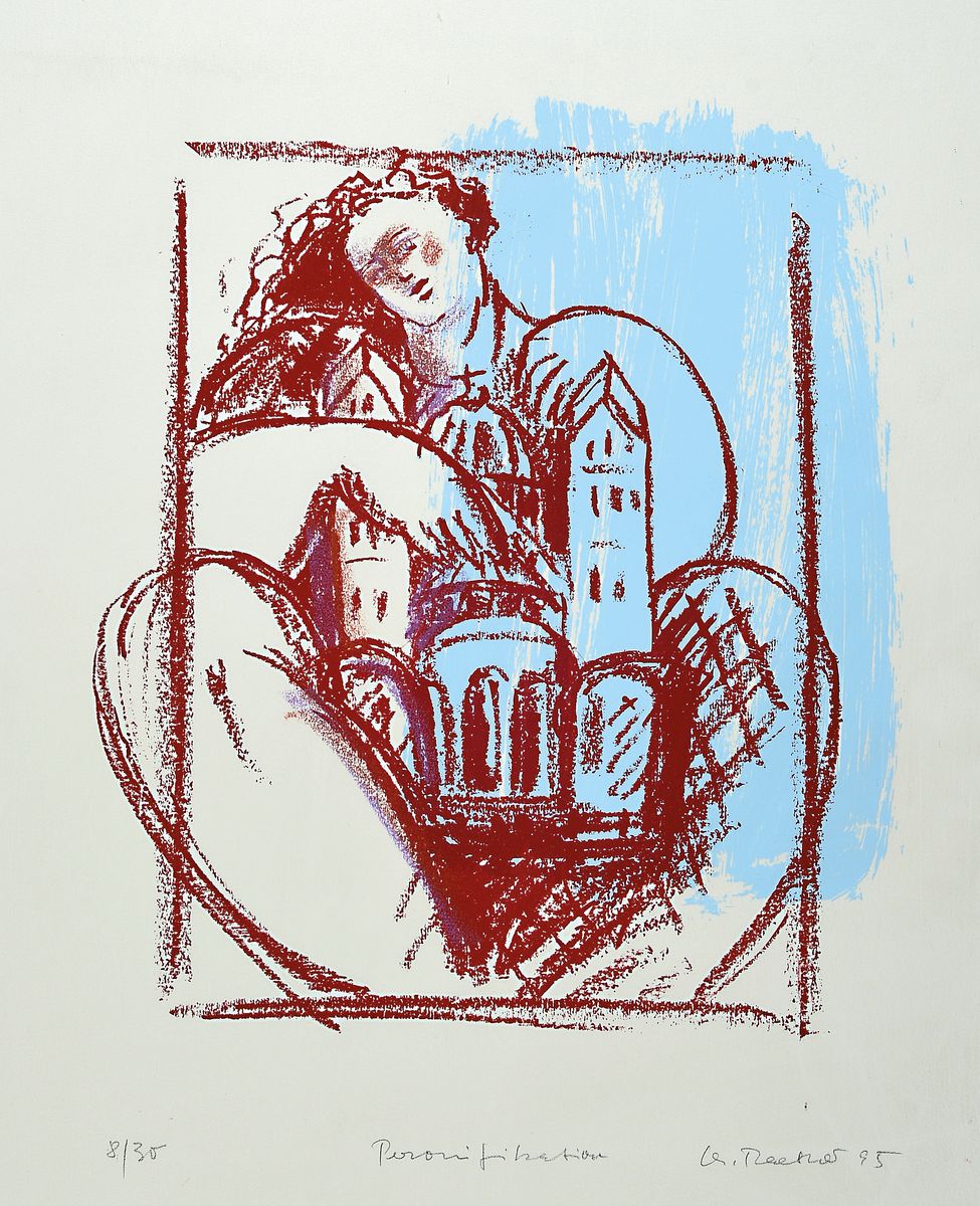 Christiane Maether, geb. 1941, Personifikation, Figur mit dem Dom zu Speyer, Siebdruck von hand überarbeitet, betitelt, signiert und dat. 95, num. ...