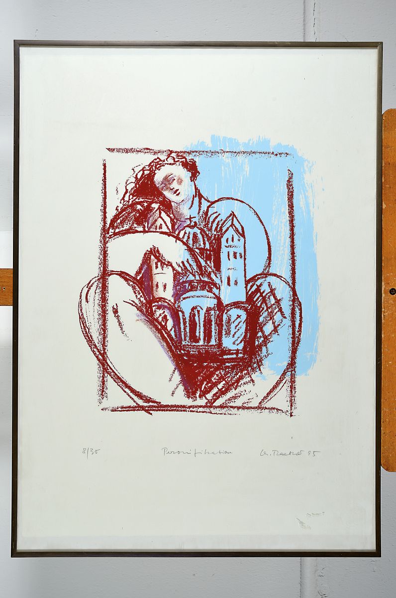 Detail k: Christiane Maether, geb. 1941, Personifikation, Figur mit dem Dom zu Speyer, Siebdruck von hand überarbeitet, betitelt, signiert und dat. 95, num. ...
