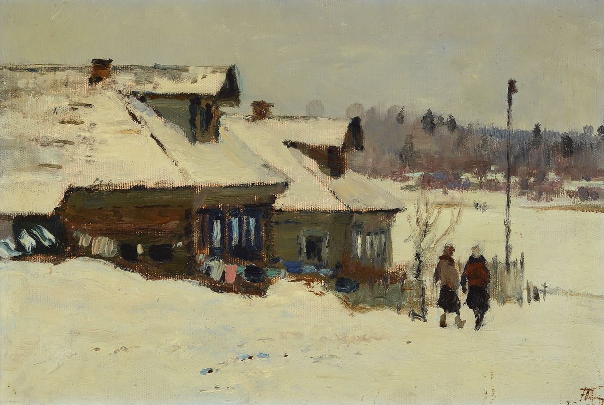 Unbekannter russischer Künstler, datiert 1950, Verschneite Winterlandschaft mit Häusern und Personen, Öl/Lwd, rechts unten signiert und dat., ca. ...