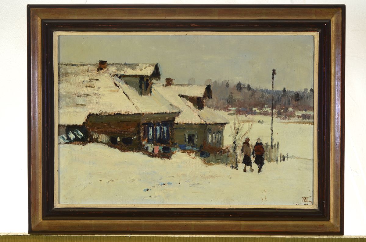 Detail k: Unbekannter russischer Künstler, datiert 1950, Verschneite Winterlandschaft mit Häusern und Personen, Öl/Lwd, rechts unten signiert und dat., ca. ...