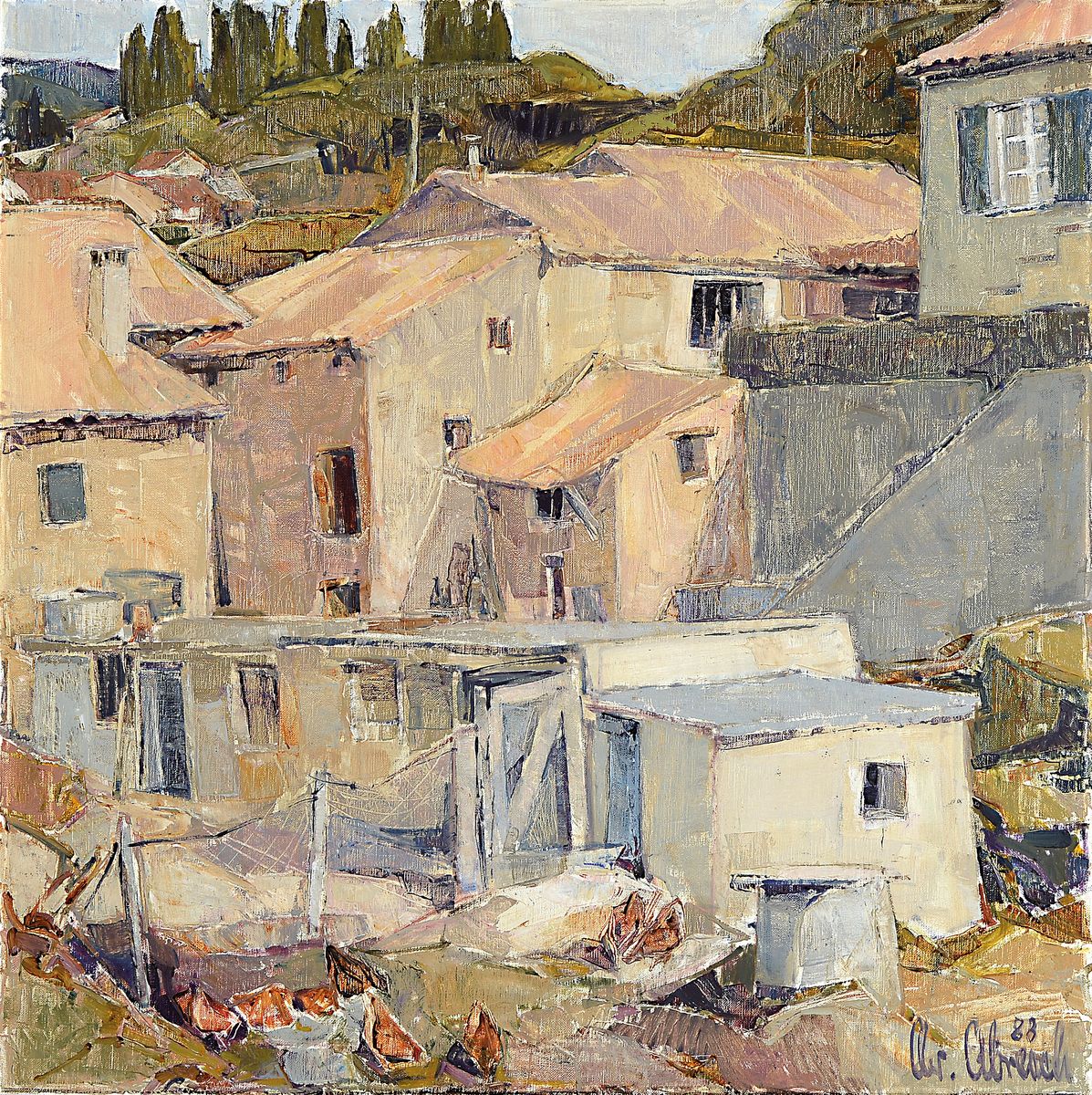 Christel Abresch, 1931 Sulzbach-2011 Neustadt a. d. Wstr., Südliche Stadtansicht, Öl/Lwd, signiert und dat. 53, ca. 35x35cm, R. ca. 41x41cm