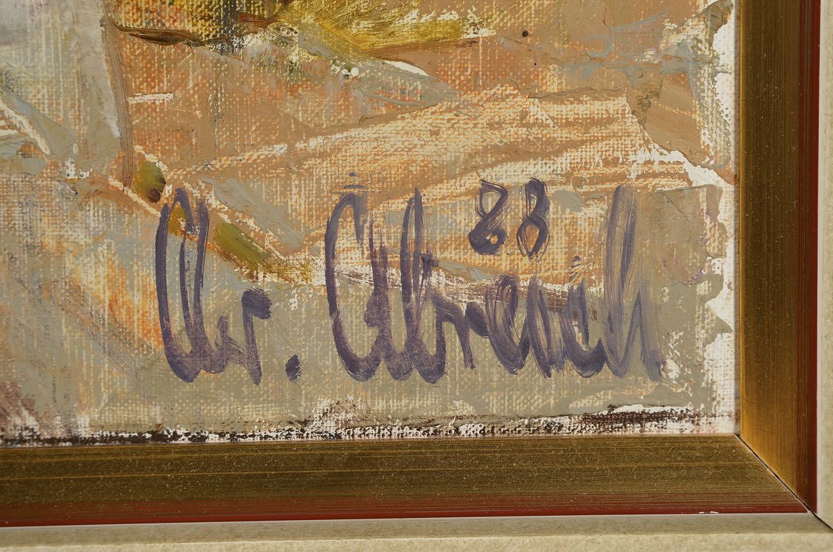 Detail c: Christel Abresch, 1931 Sulzbach-2011 Neustadt a. d. Wstr., Südliche Stadtansicht, Öl/Lwd, signiert und dat. 53, ca. 35x35cm, R. ca. 41x41cm