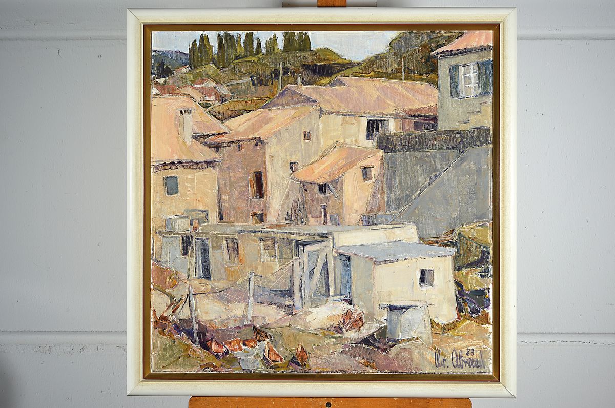 Detail k: Christel Abresch, 1931 Sulzbach-2011 Neustadt a. d. Wstr., Südliche Stadtansicht, Öl/Lwd, signiert und dat. 53, ca. 35x35cm, R. ca. 41x41cm