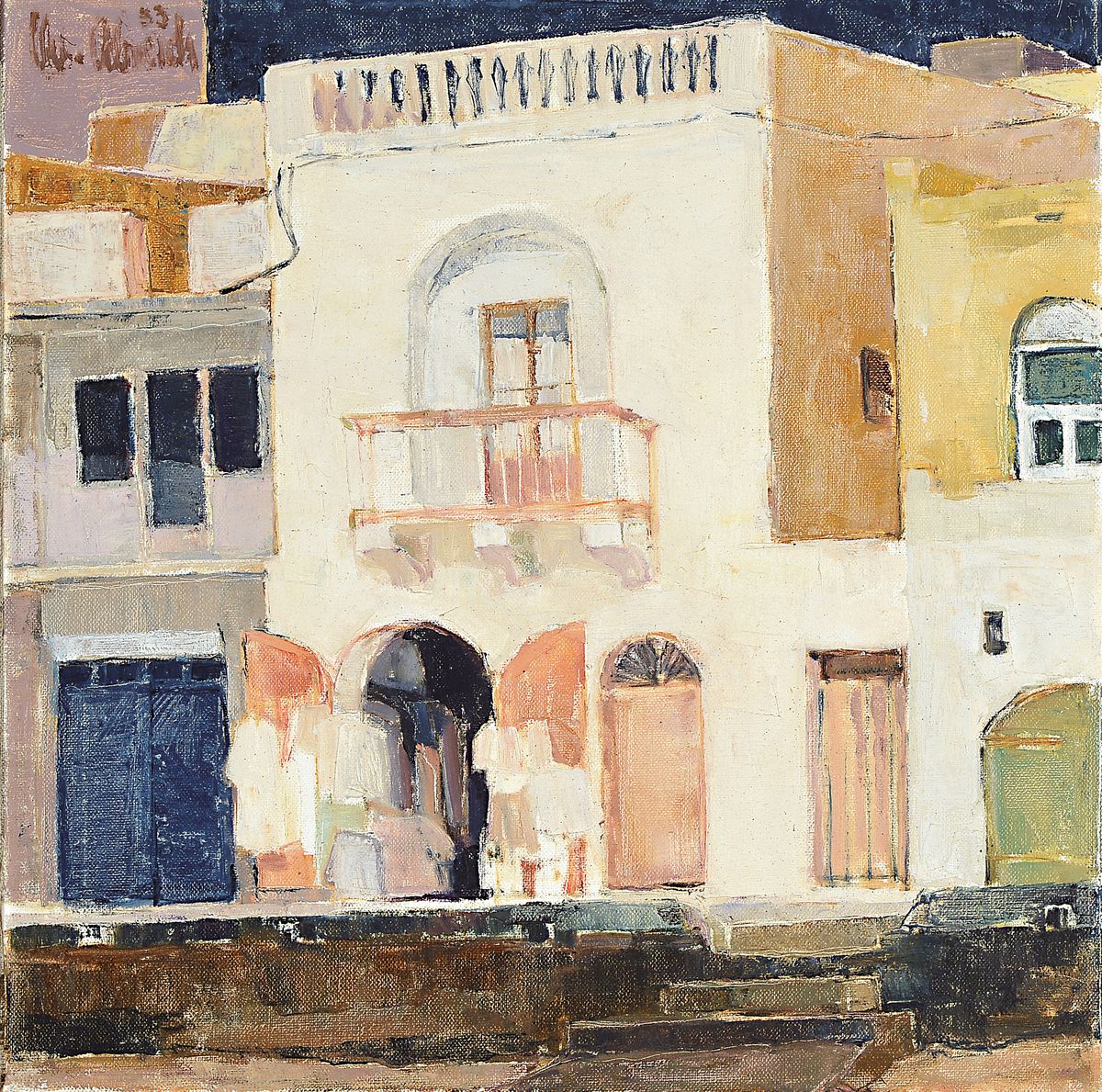 Christel Abresch, 1931 Sulzbach-2011 Neustadt a. d. Wstr., Ortschaft in Südfrankreich, Öl/Lwd, signiert und dat. 83, ca. 60x60cm, R. ca. 68x68cm