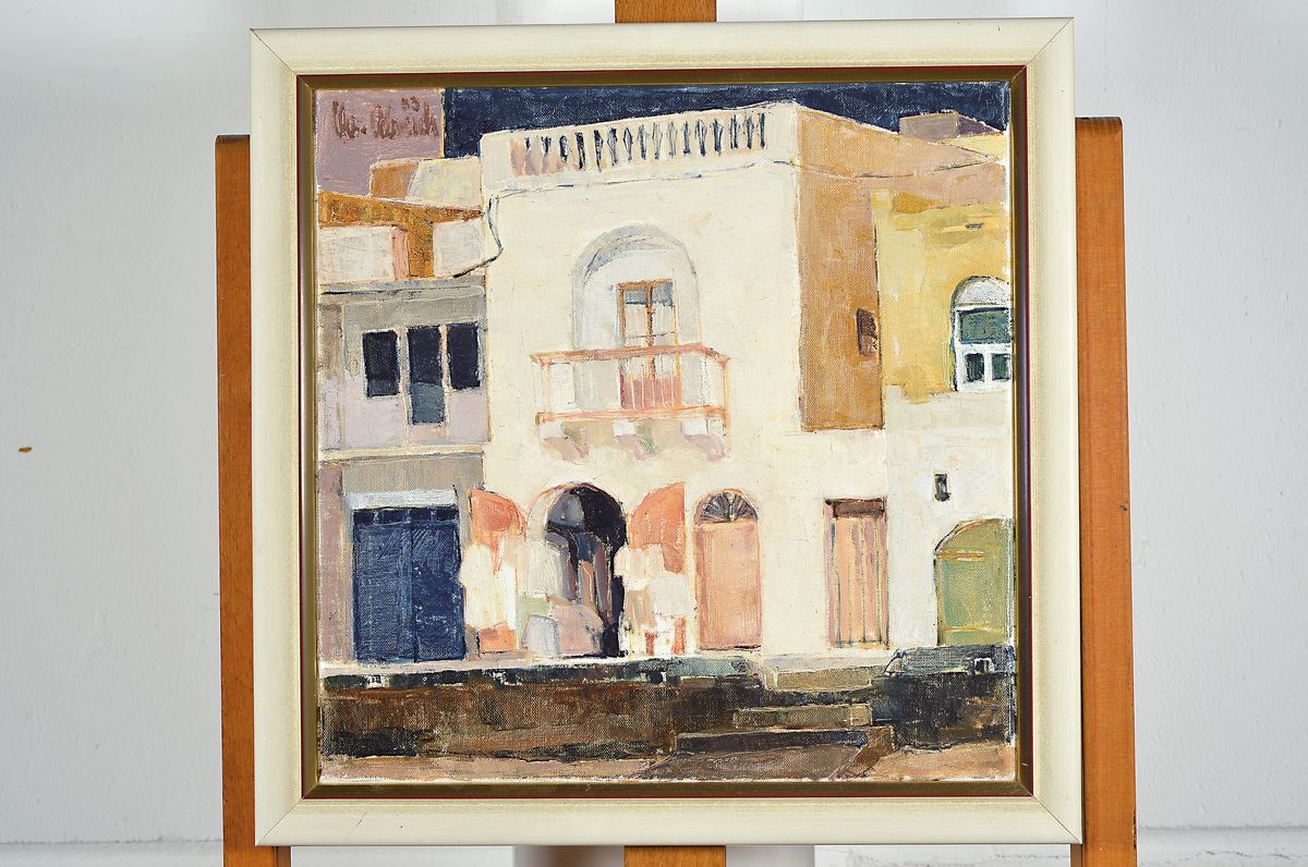 Detail k: Christel Abresch, 1931 Sulzbach-2011 Neustadt a. d. Wstr., Ortschaft in Südfrankreich, Öl/Lwd, signiert und dat. 83, ca. 60x60cm, R. ca. 68x68cm