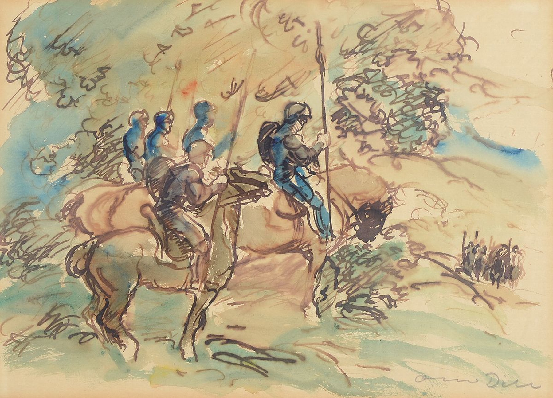 Otto Dill, 1884 Neustadt-1957 Bad Dürkheim, Ritter zu Pferd blicken ins Tal, Aquarell auf Papier, rechts unten signiert, gebräunt, ca. 22x30cm, PP, ...