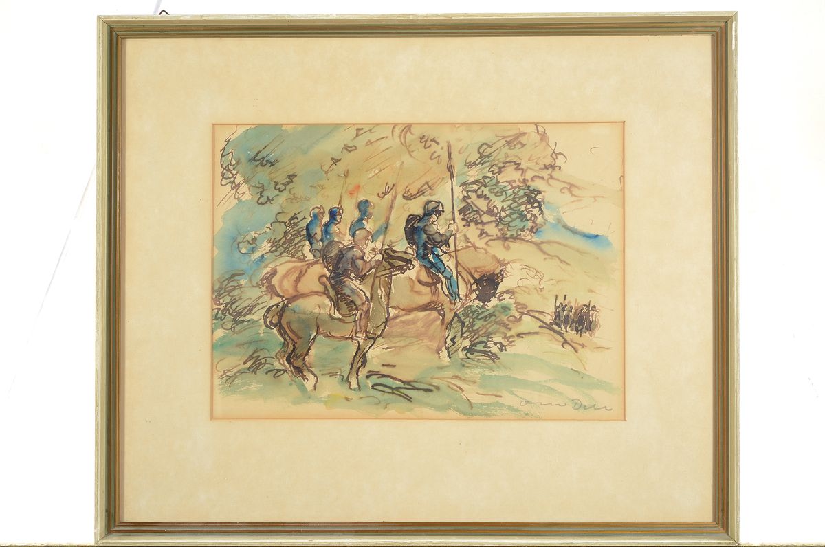 Detail k: Otto Dill, 1884 Neustadt-1957 Bad Dürkheim, Ritter zu Pferd blicken ins Tal, Aquarell auf Papier, rechts unten signiert, gebräunt, ca. 22x30cm, PP, ...