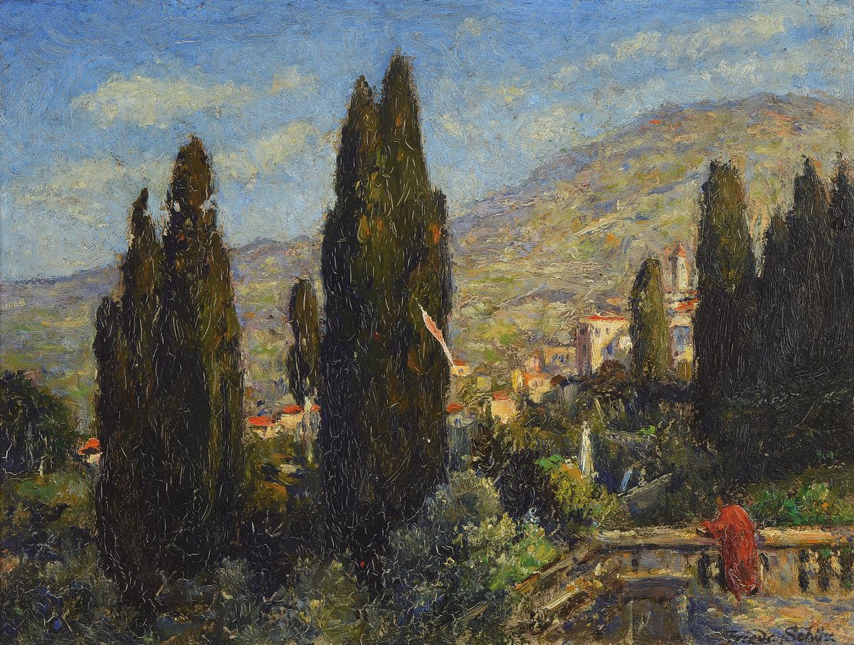 Friedrich Schüz, 1874 Düsseldorf-1954 Tübingen, Südliche Landschaft mit Zypressen, Öl/Malkarton, rechts unten signiert, mittig Kratzer mit ...