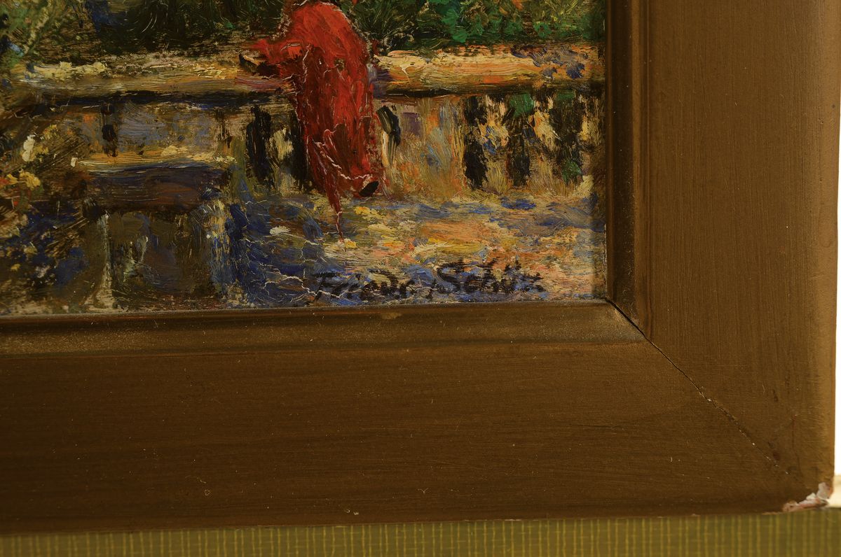 Detail a: Friedrich Schüz, 1874 Düsseldorf-1954 Tübingen, Südliche Landschaft mit Zypressen, Öl/Malkarton, rechts unten signiert, mittig Kratzer mit ...