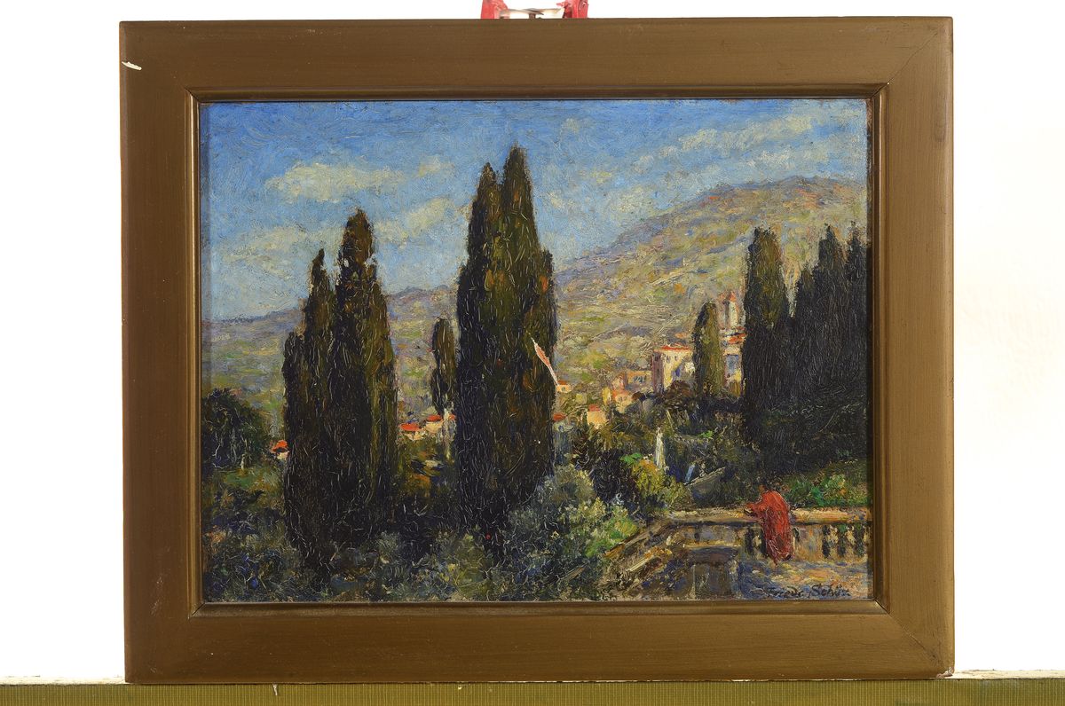 Detail k: Friedrich Schüz, 1874 Düsseldorf-1954 Tübingen, Südliche Landschaft mit Zypressen, Öl/Malkarton, rechts unten signiert, mittig Kratzer mit ...
