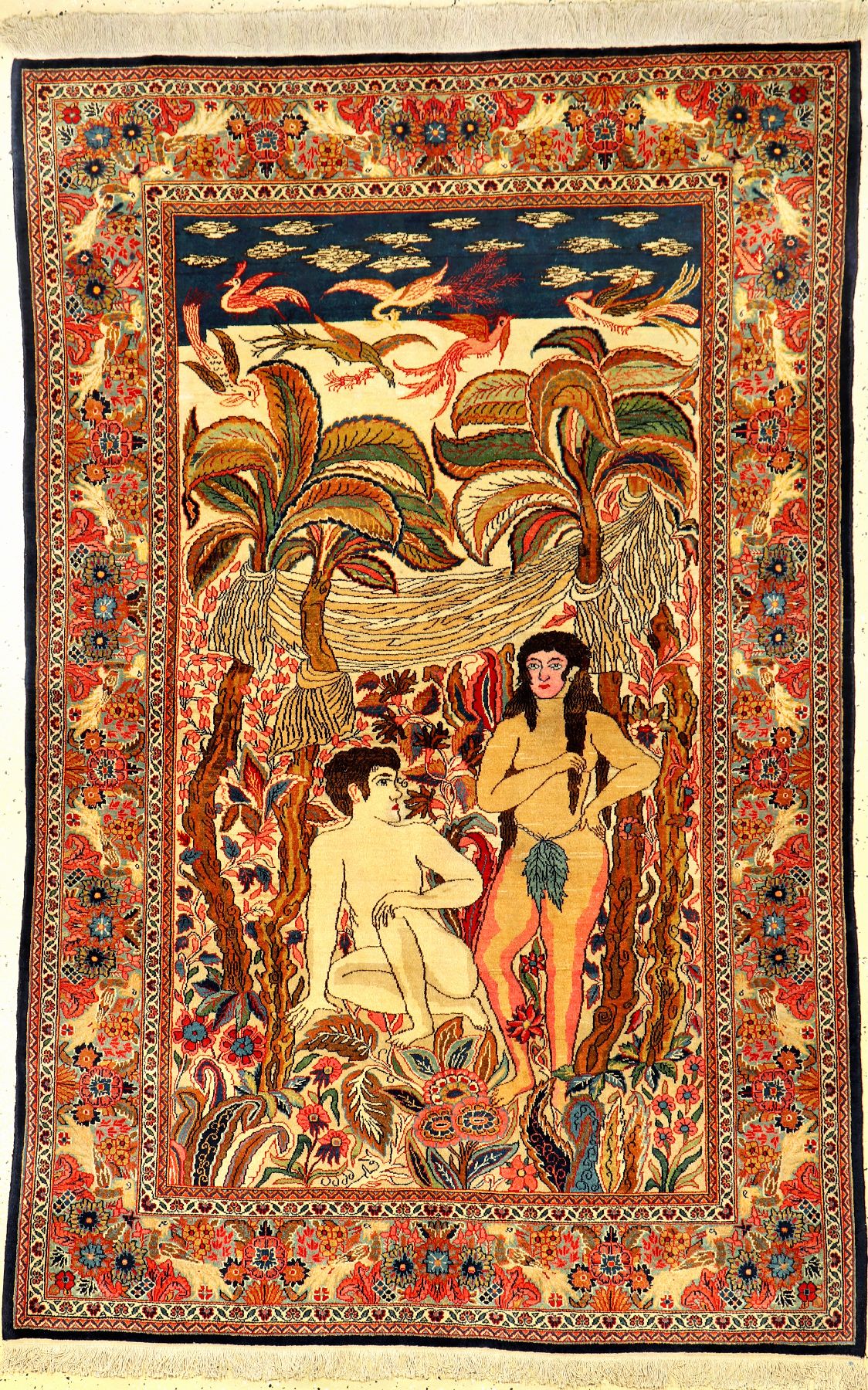 Einzigartiger feiner Keschan "Dabir Sanayeh" Bildteppich alt (Adam & Eva), Zentralpersien, um 1910, Korkwolle geknüpft auf Baumwolle. Das ...