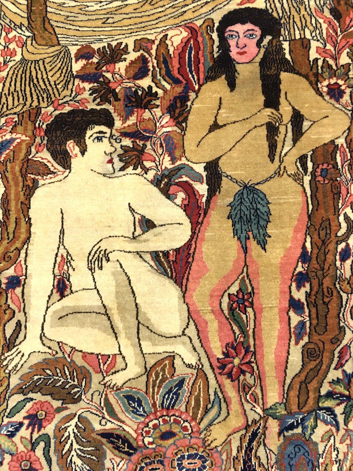 Detail b: Einzigartiger feiner Keschan "Dabir Sanayeh" Bildteppich alt (Adam & Eva), Zentralpersien, um 1910, Korkwolle geknüpft auf Baumwolle. Das ...