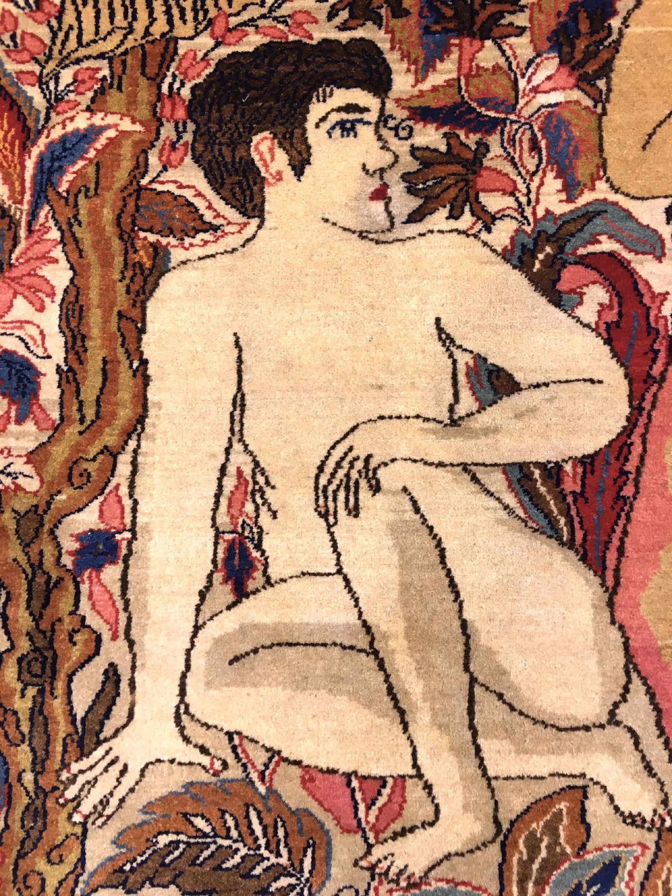 Detail d: Einzigartiger feiner Keschan "Dabir Sanayeh" Bildteppich alt (Adam & Eva), Zentralpersien, um 1910, Korkwolle geknüpft auf Baumwolle. Das ...