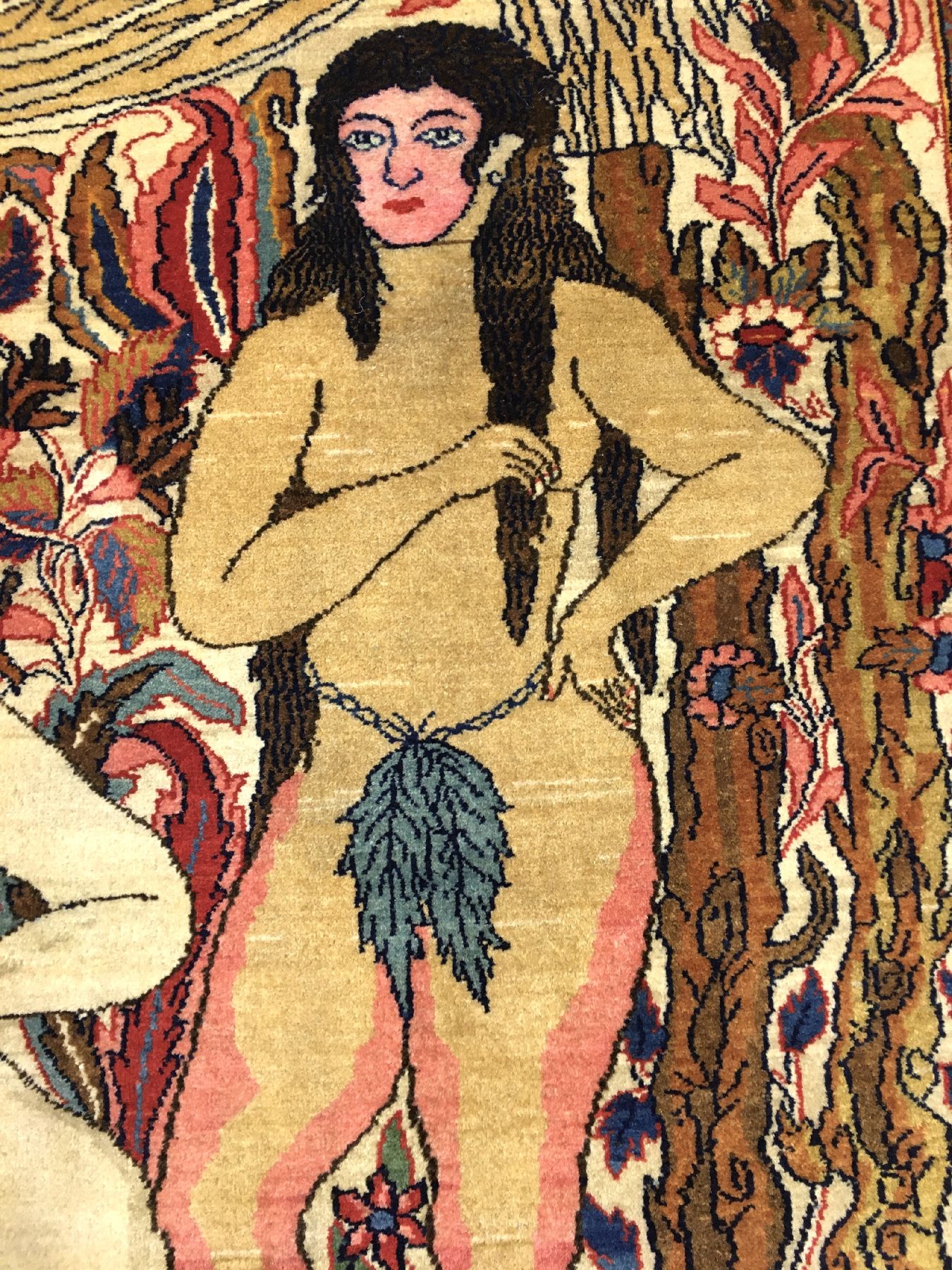 Detail e: Einzigartiger feiner Keschan "Dabir Sanayeh" Bildteppich alt (Adam & Eva), Zentralpersien, um 1910, Korkwolle geknüpft auf Baumwolle. Das ...