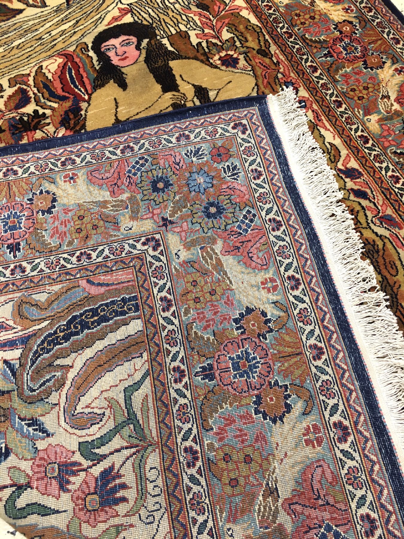 Detail h: Einzigartiger feiner Keschan "Dabir Sanayeh" Bildteppich alt (Adam & Eva), Zentralpersien, um 1910, Korkwolle geknüpft auf Baumwolle. Das ...