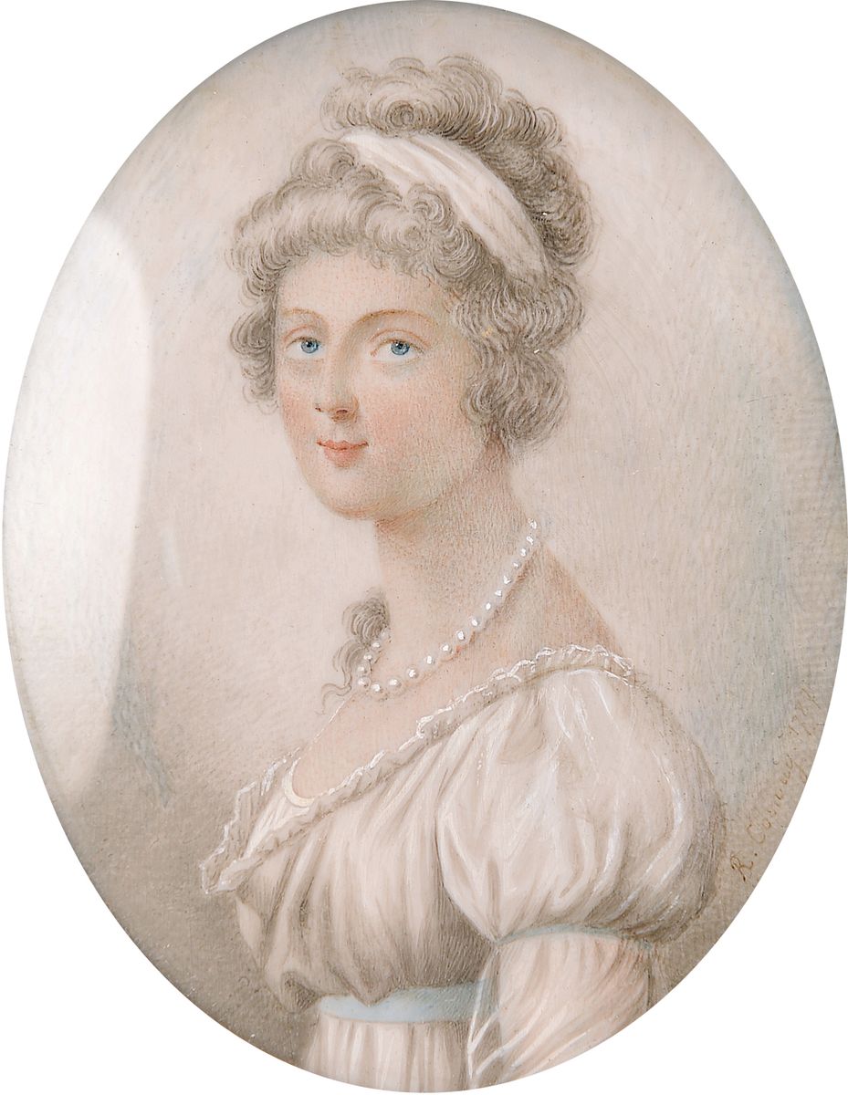 Richard Cosway, 1742-1821, Miniaturmalerei auf Elfenbein, Porträt der Charlotte Lennox Duchess of Richmond (1768-1842) im weißen Kleid mit ...