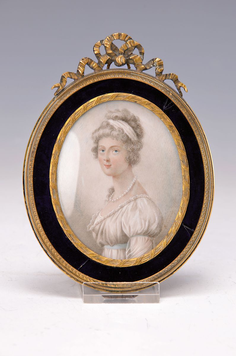 Detail k: Richard Cosway, 1742-1821, Miniaturmalerei auf Elfenbein, Porträt der Charlotte Lennox Duchess of Richmond (1768-1842) im weißen Kleid mit ...