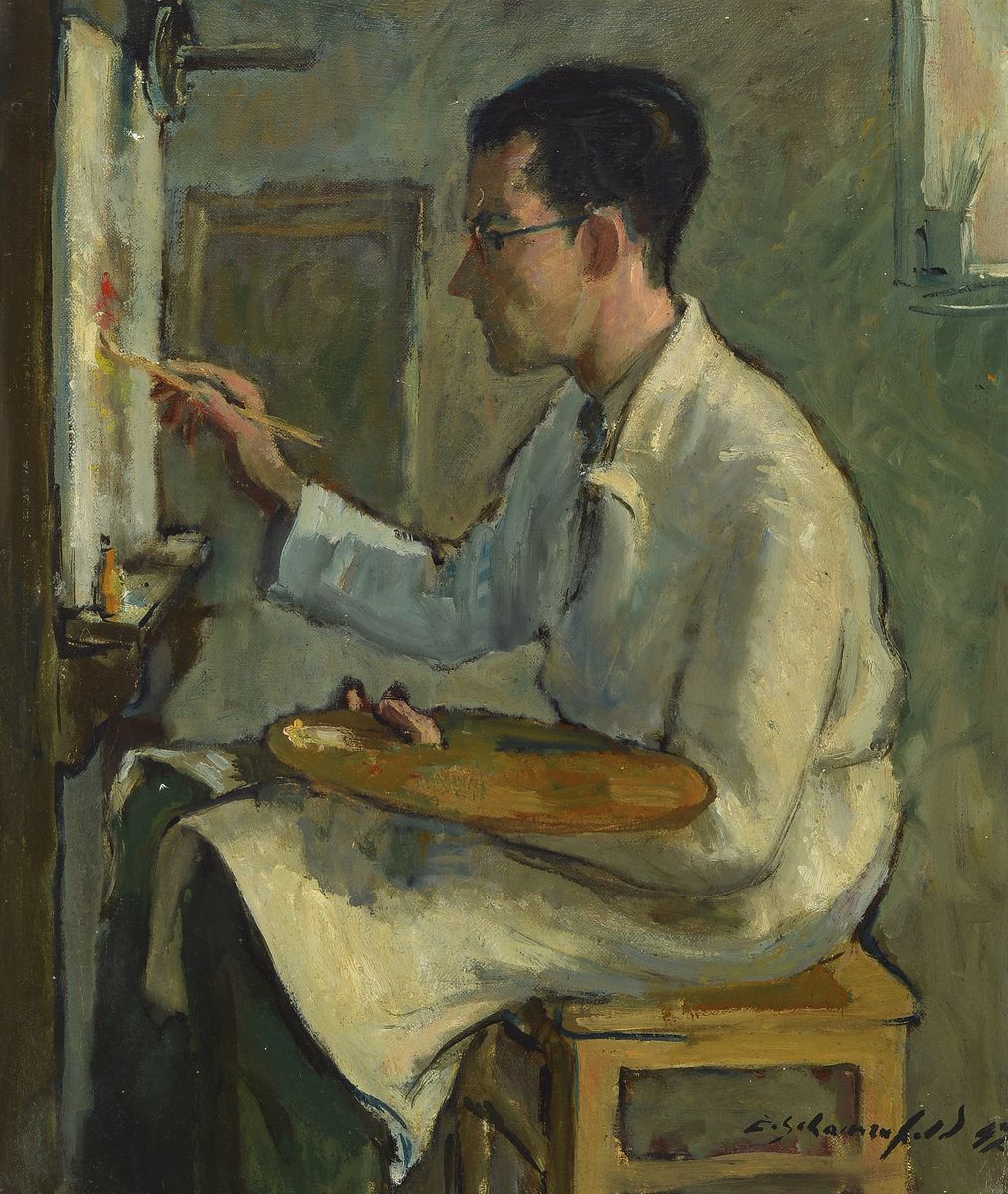 Ernst Schonnefeld, 1921 Auerbach - 2014 Bensheim, Porträt des Freudes und Malerkollegen Edmung Georg Pielmann ( 1923- 1985), bei der Arbeit im ...