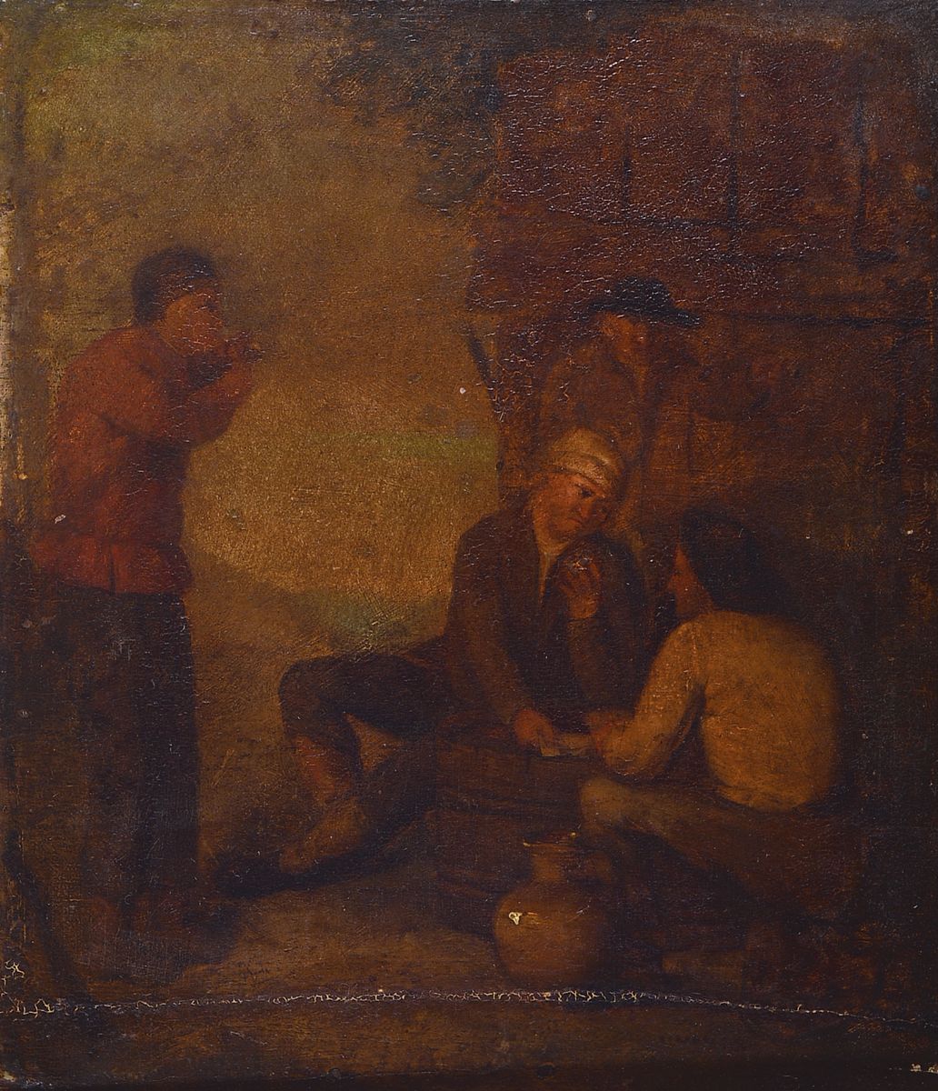 Nachfolge Adriaen Brouwer, Niederlande, 17./18. Jh., Männer beim Spiel in einer Schänke, Öl/Holz, Altersschäden, ältere Restaurationen, ca. 22 x ...