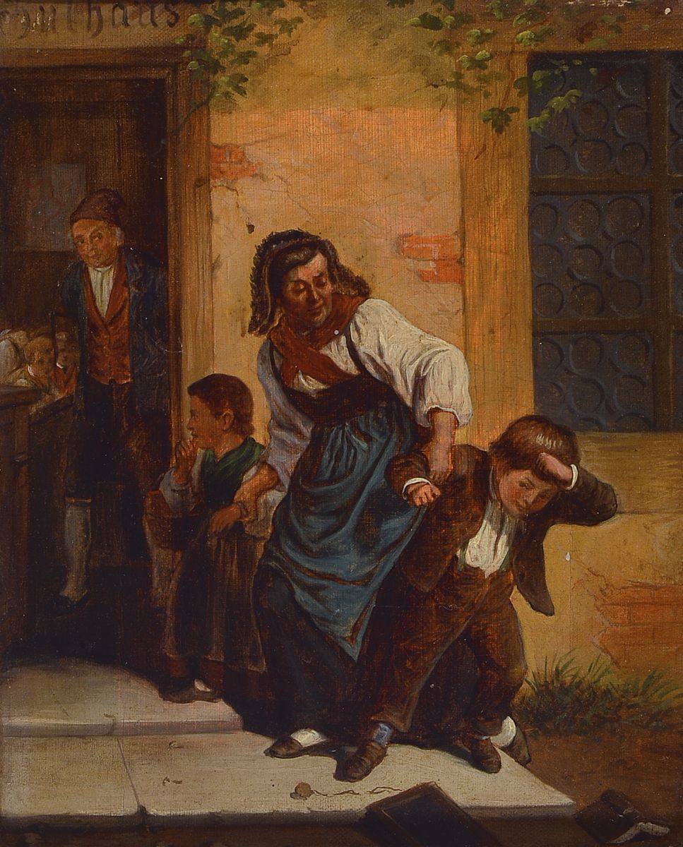 Süddeutscher Maler, um 1870, Mutter mit widerspenstigen Kindern auf dem Weg ins Schulhaus, Öl/Lwd, unsigniert, leichte Krakeluren, Altersschäden, ...
