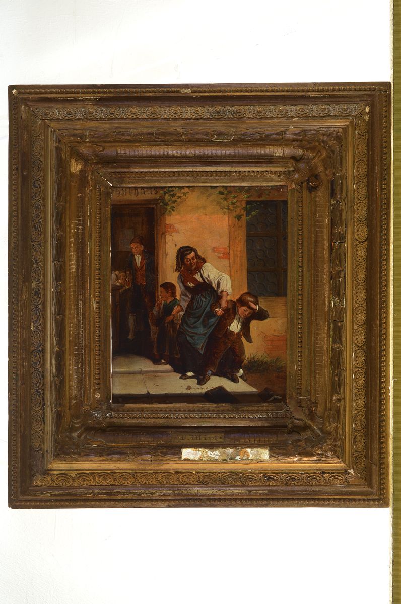 Detail k: Süddeutscher Maler, um 1870, Mutter mit widerspenstigen Kindern auf dem Weg ins Schulhaus, Öl/Lwd, unsigniert, leichte Krakeluren, Altersschäden, ...