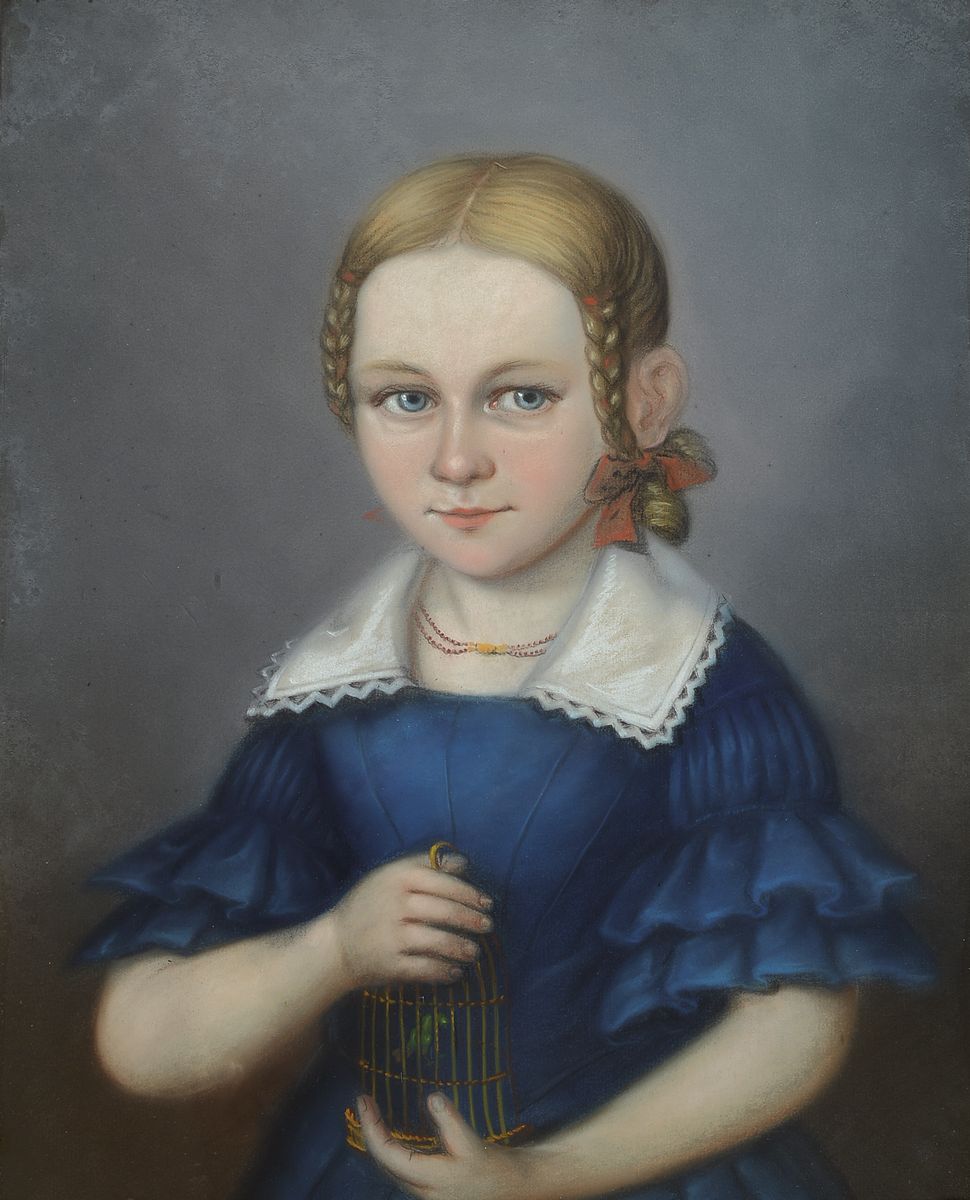 Biedermeierporträt, deutsch, Mitte, 19. Jh., Pastell, Mädchen mit Vogelkäfig, auf Papier, schöner Biedermeierrahmen mit dunklen Ecken, unter ...
