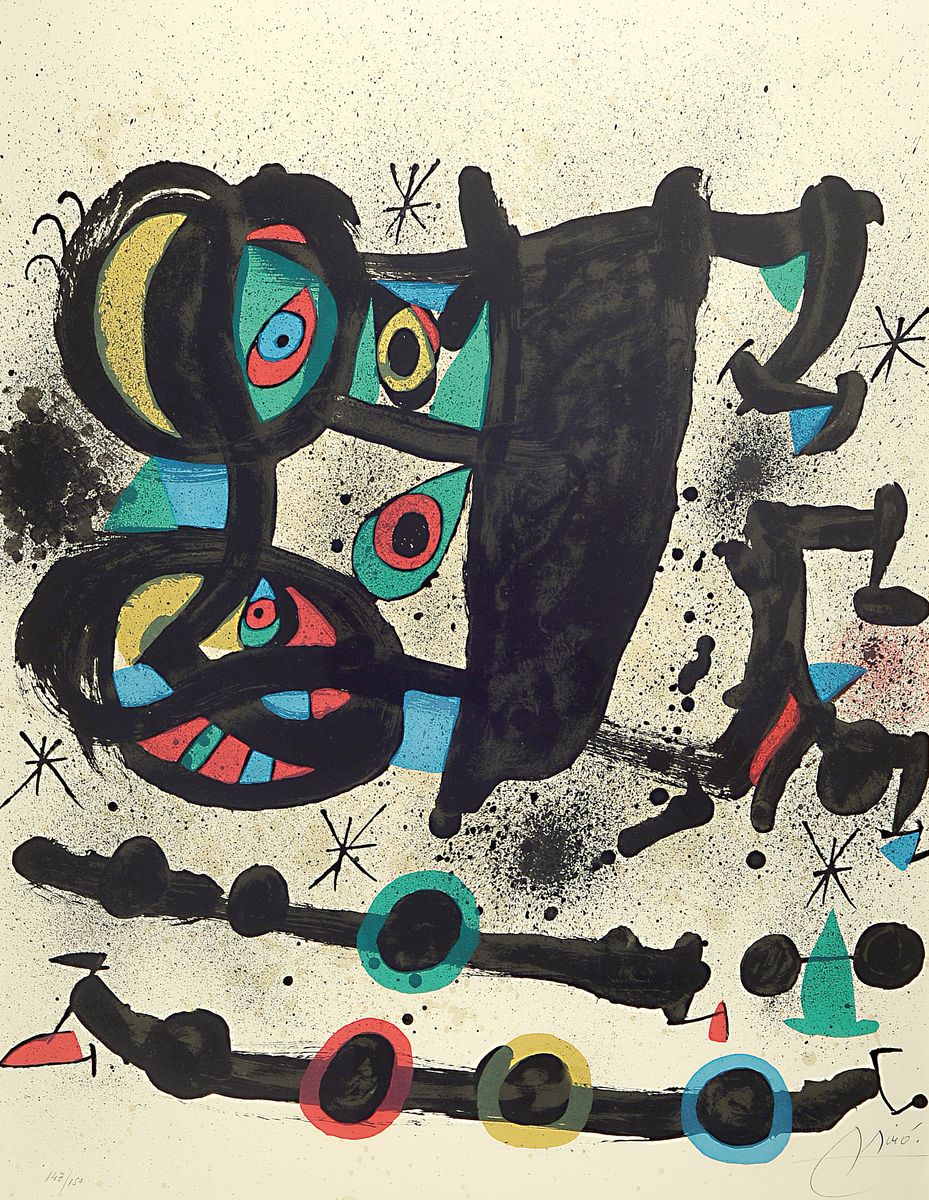 Joan Miro, 1893 - 1983, Farblithografie auf Velin, handsigniert mit Bleistift und rechts, num. 147/150, Blattgr. 73.7 x 56.5 cm, unter Glas, Rahmen, ...