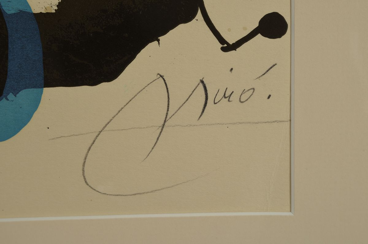 Detail a: Joan Miro, 1893 - 1983, Farblithografie auf Velin, handsigniert mit Bleistift und rechts, num. 147/150, Blattgr. 73.7 x 56.5 cm, unter Glas, Rahmen, ...