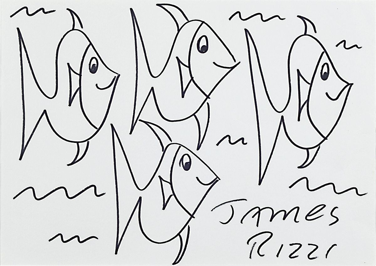 James Rizzi, 1950 - 2011, große Handzeichnung mit schwarzem Edding, auf weißem Karton, handsigniert, ca. 25 x 35 cm, wurde laut Vorbesitzer 1990 ...